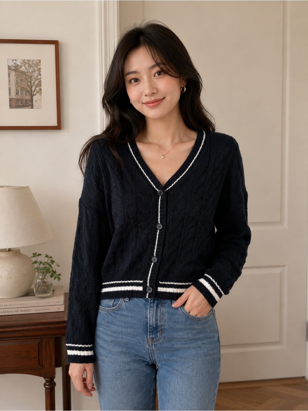 Cider Black And White Cardigan Sweater